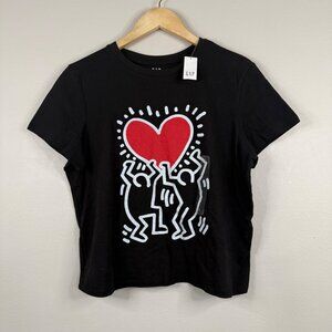 Gap Shrunken T-Shirt Women's Black Keith Haring Heart Print Size L